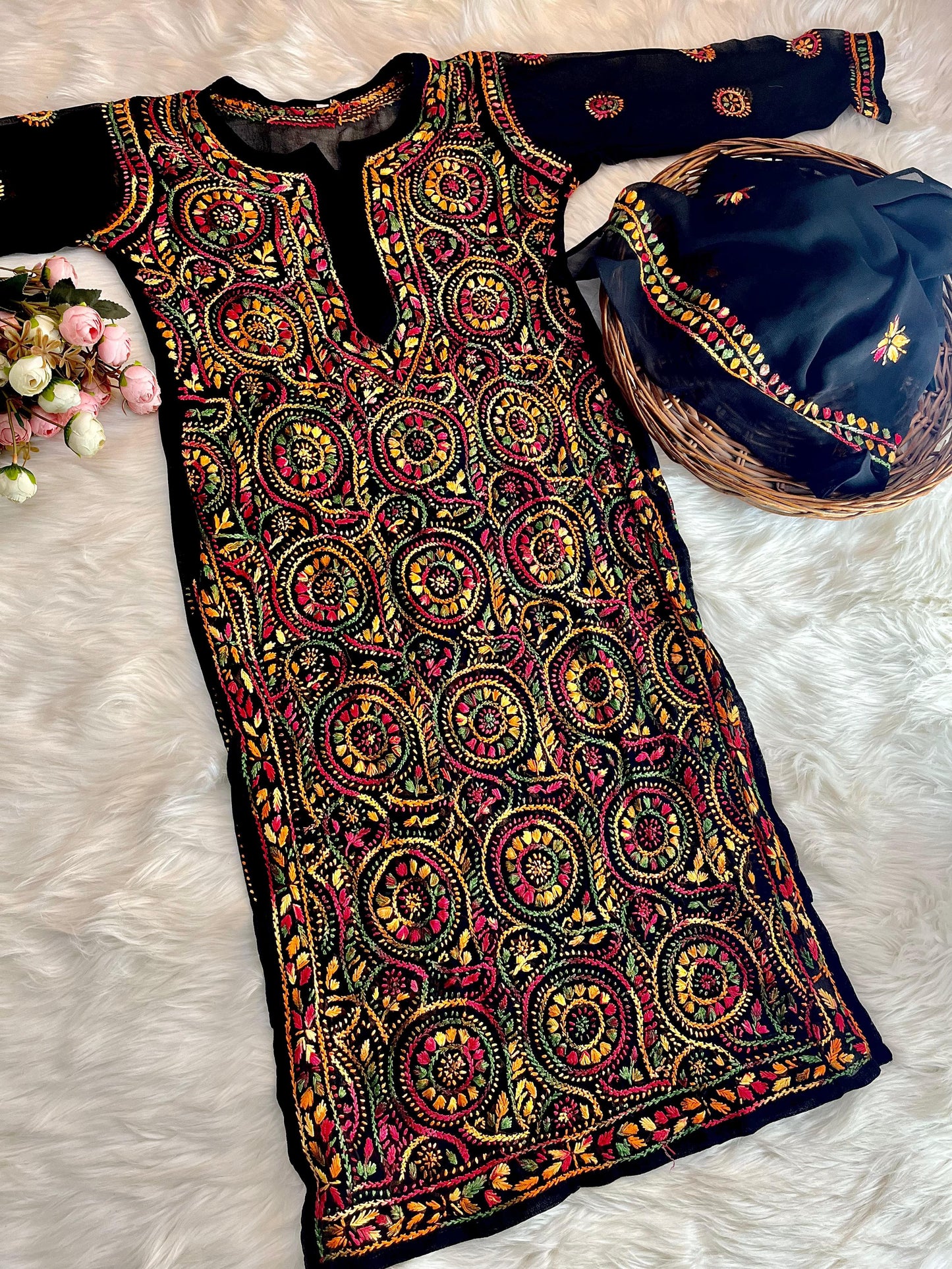 Georgette Multi-Thread Ring Jaal Kurti & Dupatta Set