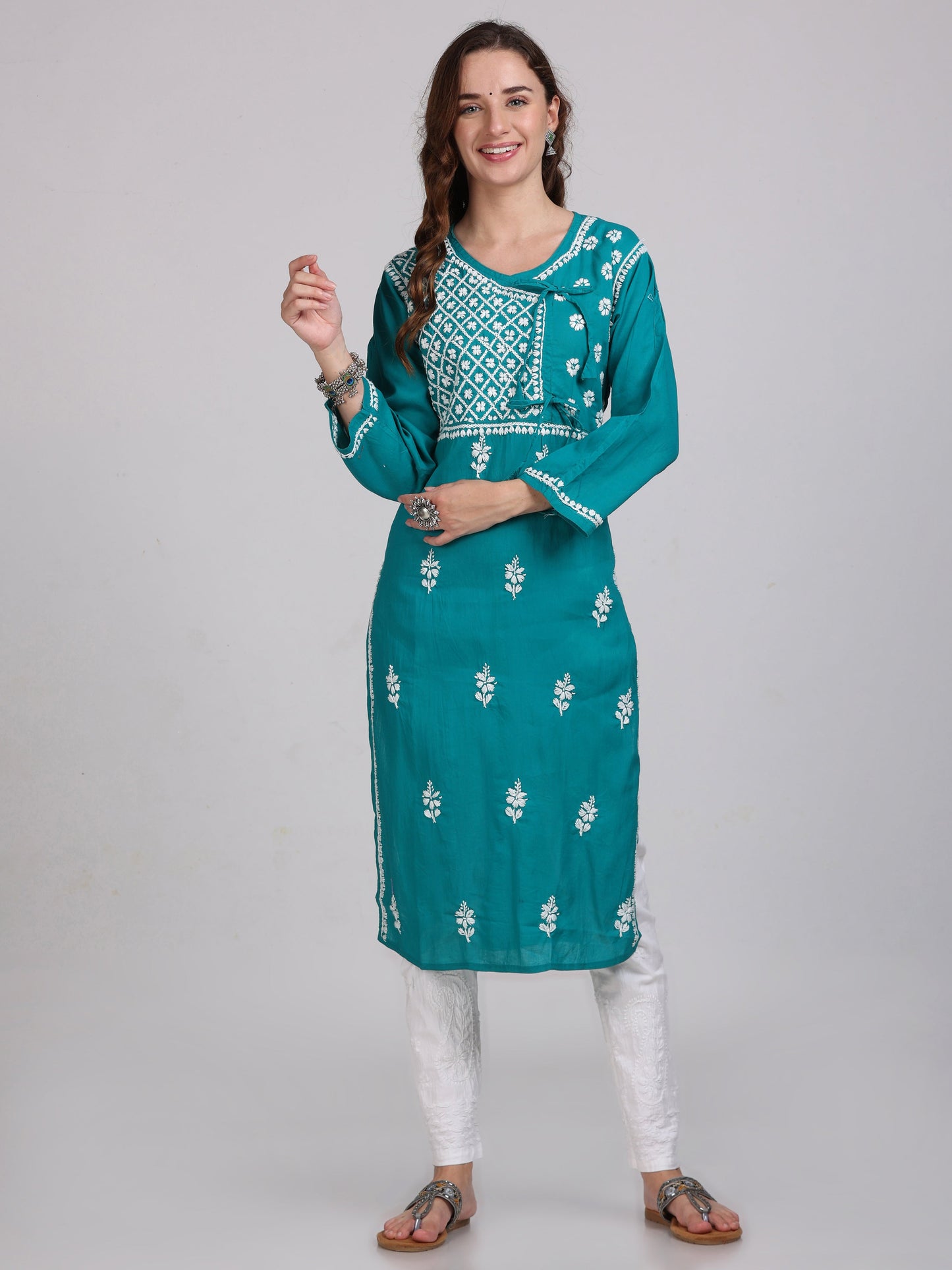 Women's Lucknowi Chikankari Hand Work Cotton Angrakha Style Kurta