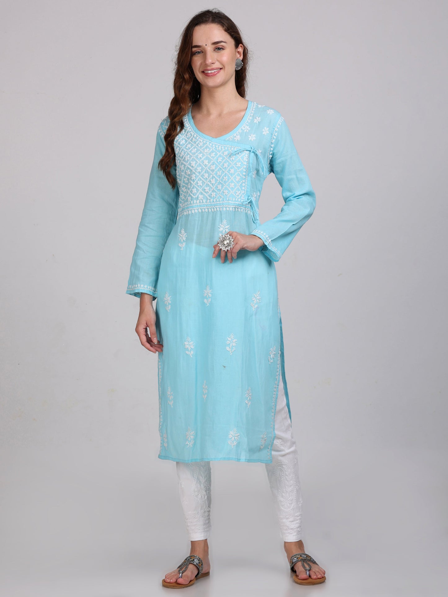 Women's Lucknowi Chikankari Hand Work Cotton Angrakha Style Kurta