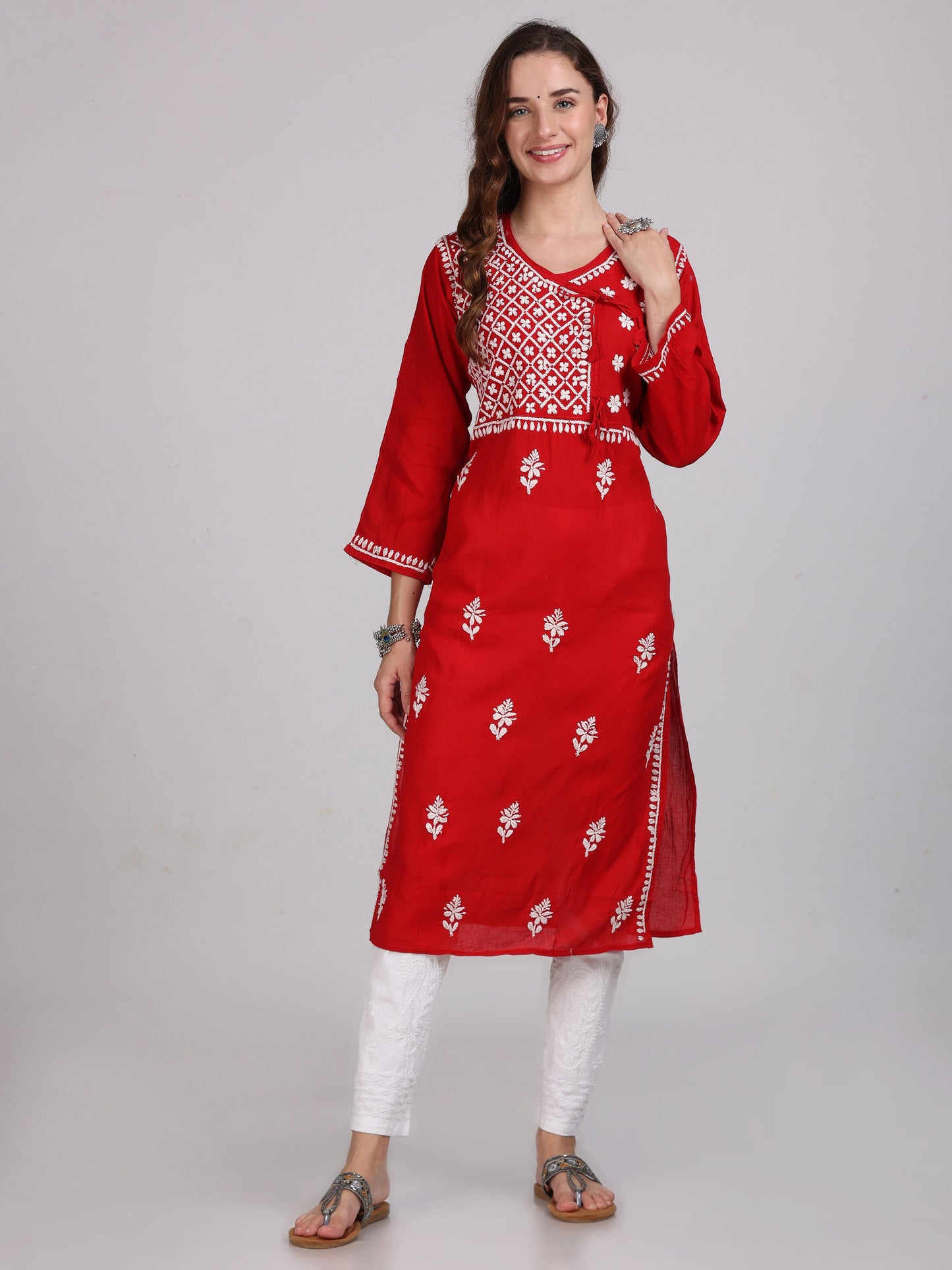 Women's Lucknowi Chikankari Hand Work Cotton Angrakha Style Kurta