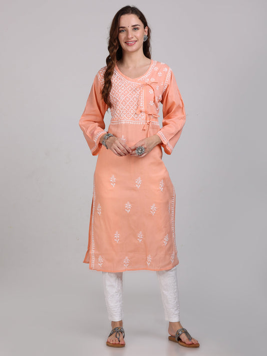 Women's Lucknowi Chikankari Hand Work Cotton Angrakha Style Kurta