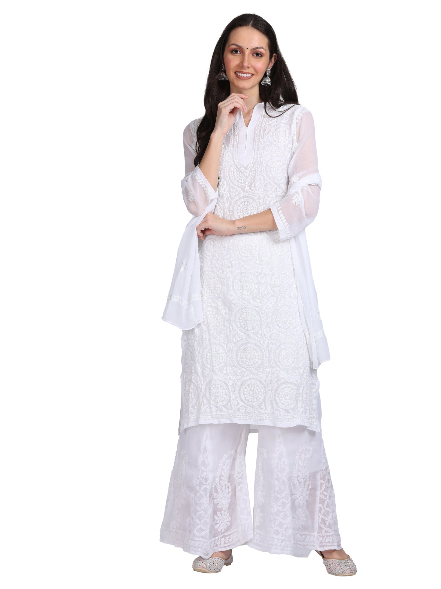 Lucknowi Chikankari Straight Kurta, Sharara With Embroidered Stole & Matching Inner