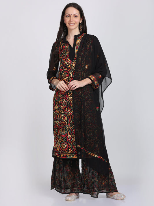 Lucknowi Chikankari Straight Kurta, Sharara With Embroidered Stole & Matching Inner