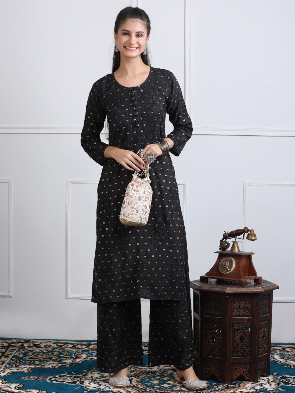 Premium Handwork Chikankari Kurta & Palazzo Set On Chanderi Silk