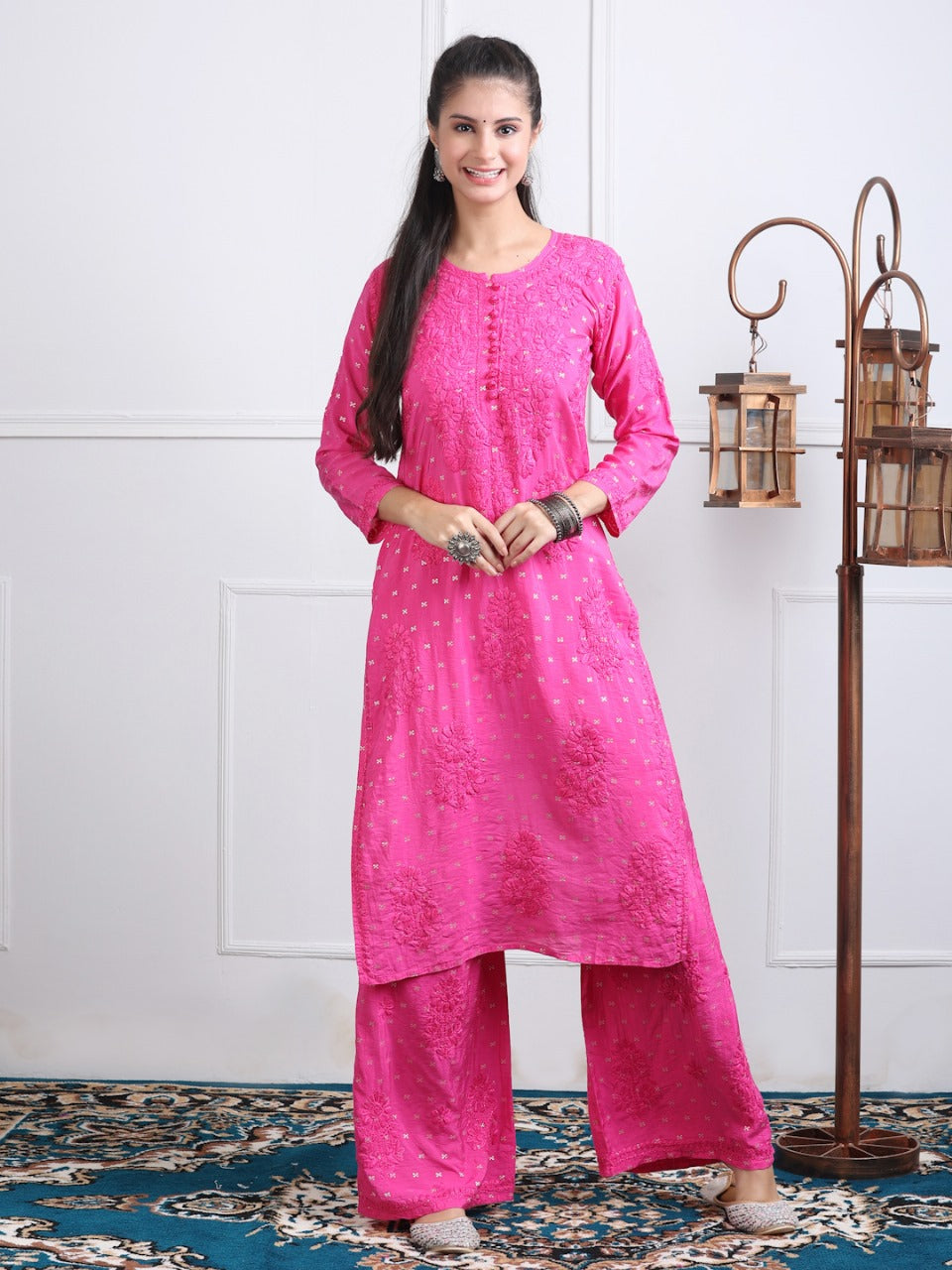 Premium Handwork Chikankari Kurta & Palazzo Set On Chanderi Silk