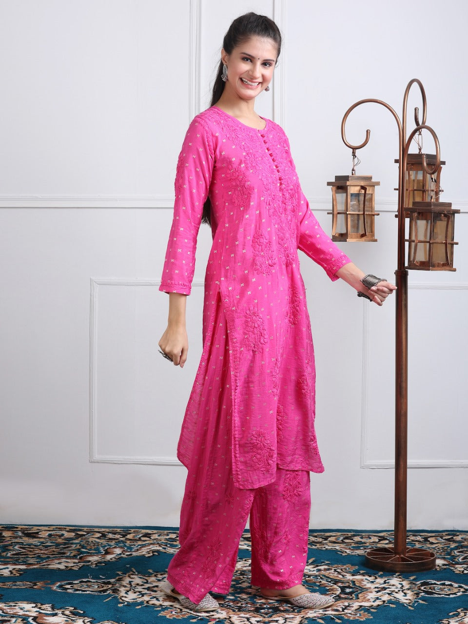 Premium Handwork Chikankari Kurta & Palazzo Set On Chanderi Silk