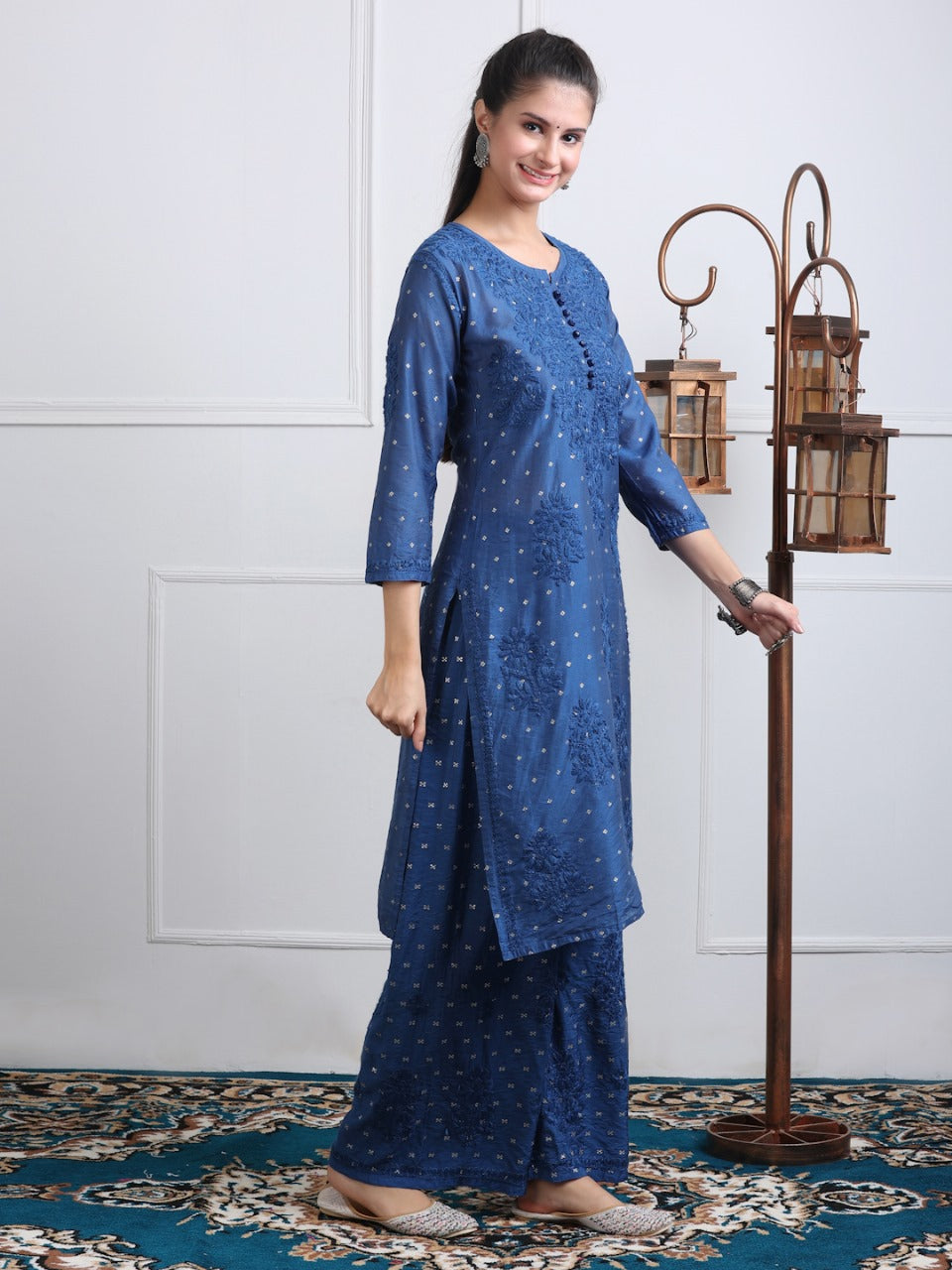 Premium Handwork Chikankari Kurta & Palazzo Set On Chanderi Silk