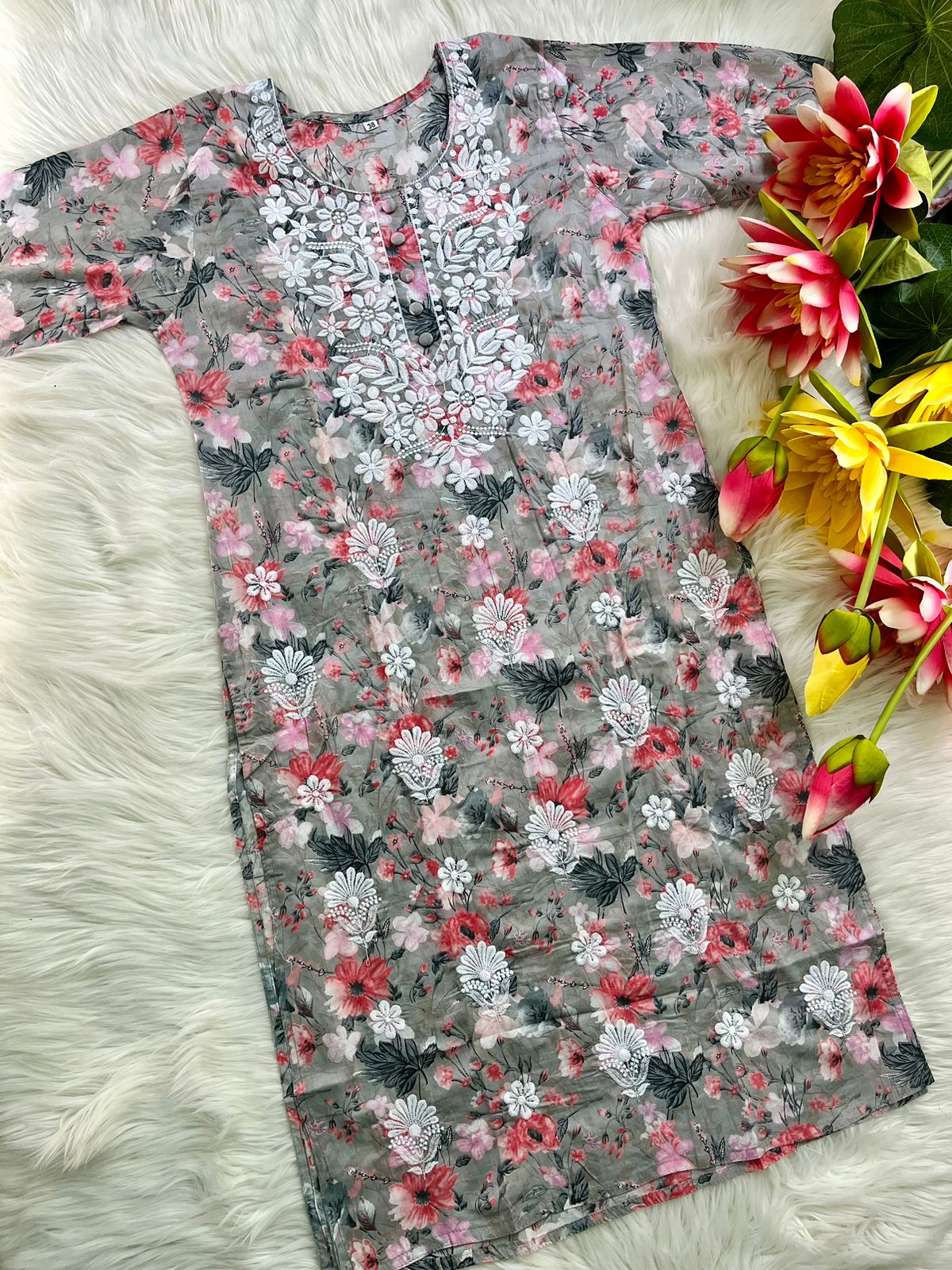 Mul Machine Embroidery printed long Kurti (Buy 1 Get 1 Free)