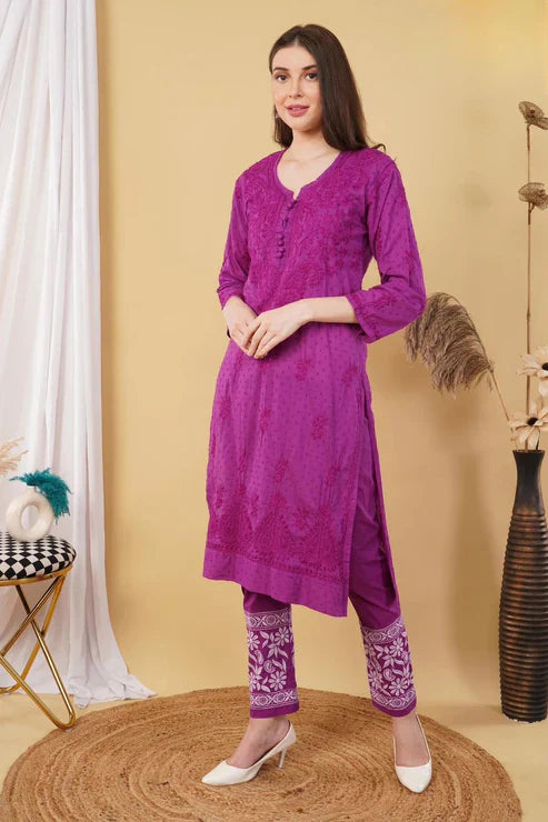 Cotton Dyed Chikankari Co-Ord Straight Kurta Wth Lycra Stretchable Trouser