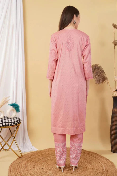 Cotton Dyed Chikankari Co-Ord Straight Kurta Wth Lycra Stretchable Trouser