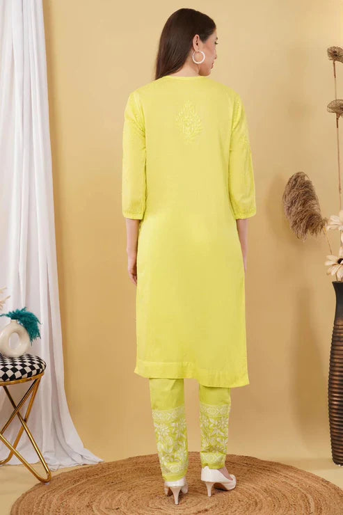 Cotton Dyed Chikankari Co-Ord Straight Kurta Wth Lycra Stretchable Trouser