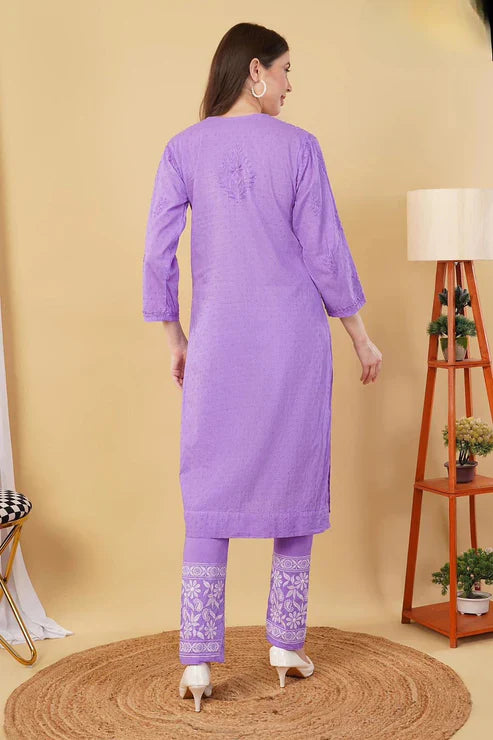 Cotton Dyed Chikankari Co-Ord Straight Kurta Wth Lycra Stretchable Trouser