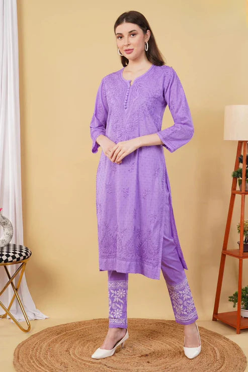 Cotton Dyed Chikankari Co-Ord Straight Kurta Wth Lycra Stretchable Trouser