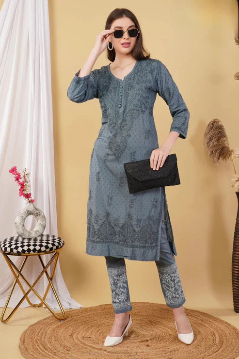 Cotton Dyed Chikankari Co-Ord Straight Kurta Wth Lycra Stretchable Trouser