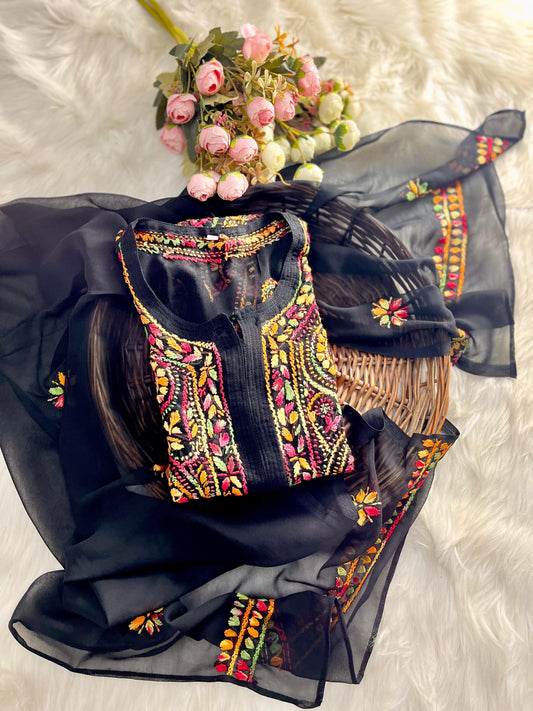 Georgette Multi-Thread Ring Jaal Kurti &amp; Dupatta Set