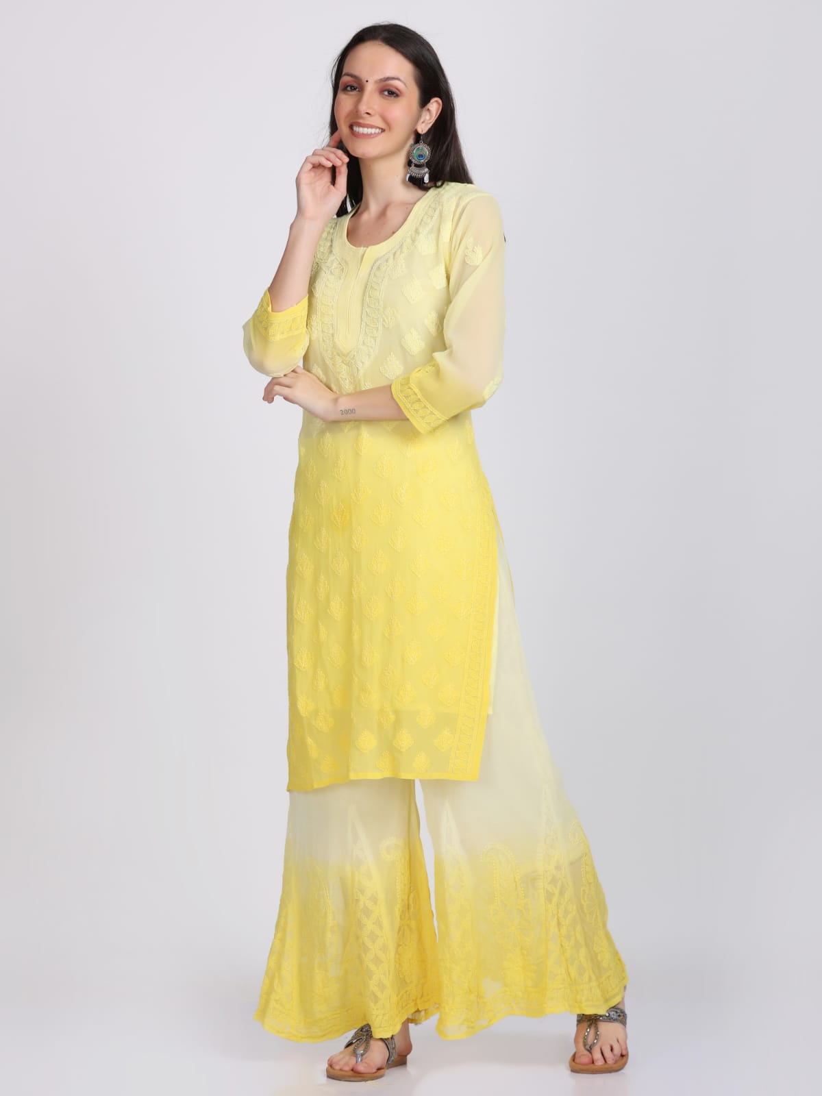 Chikankari Plain Ombre Dyed Kurta,Sharara,Dupatta On Chiffon Fabric With Inner