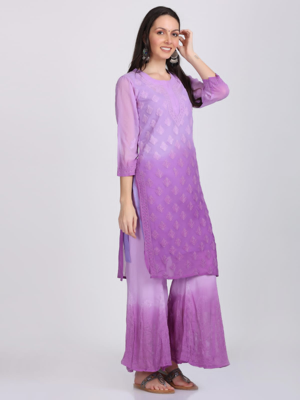 Chikankari Plain Ombre Dyed Kurta,Sharara,Dupatta On Chiffon Fabric With Inner