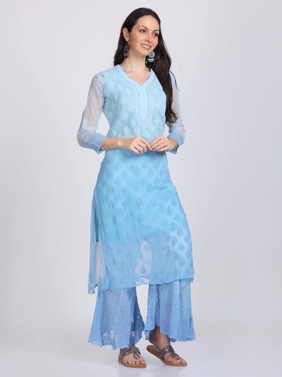 Chikankari Plain Ombre Dyed Kurta,Sharara,Dupatta On Chiffon Fabric With Inner