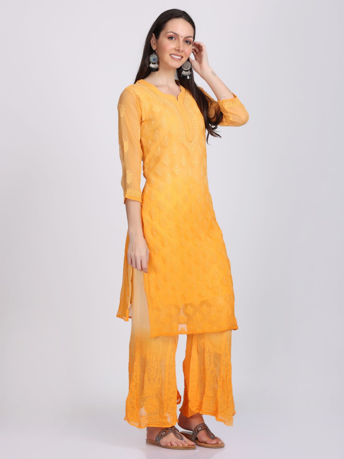 Chikankari Plain Ombre Dyed Kurta,Sharara,Dupatta On Chiffon Fabric With Inner