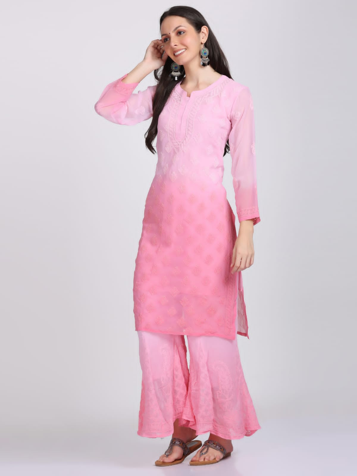 Chikankari Plain Ombre Dyed Kurta,Sharara,Dupatta On Chiffon Fabric With Inner